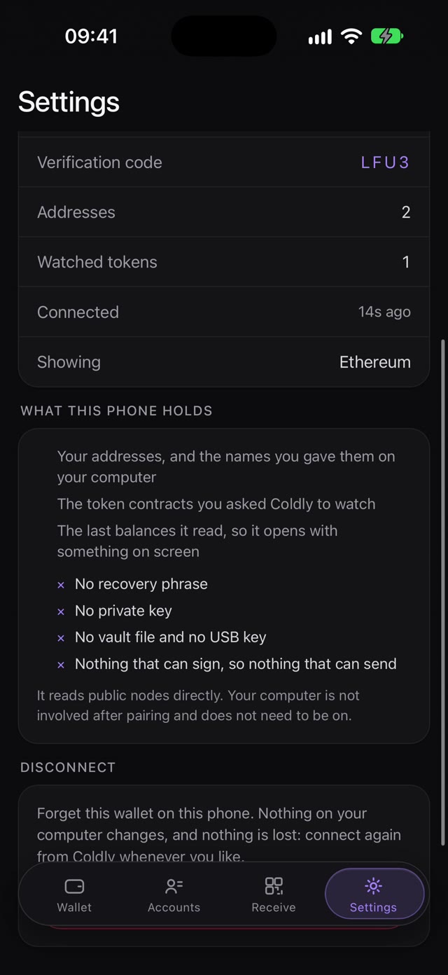Coldly iPhone app settings: what this phone holds. No recovery phrase, no private key, nothing that can sign.