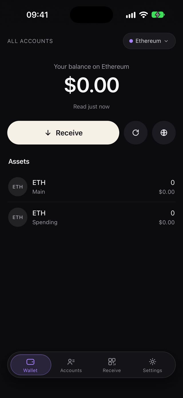 Coldly iPhone app: your balance on Ethereum, with Receive and your assets